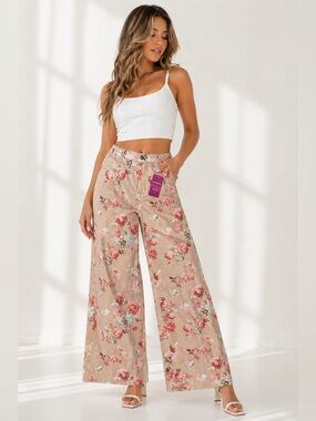 Loveings Floral Wide-Leg Stretchy Denim Cropped Pants NWT Cottagecore